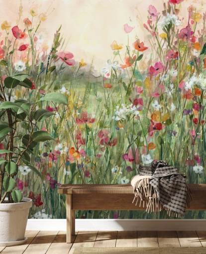 vaaleanpunainen ja vihreä muokattava kukka-taustakuvamaalaus nimeltä Spring in Full Bloom, kirjoittanut Carol Robinson olohuoneisiin