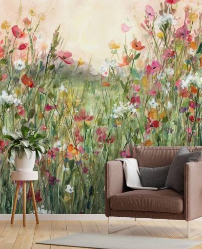 mural de papel pintado floral personalizable rosa y verde llamado Spring in Full Bloom de Carol Robinson para salas de estar