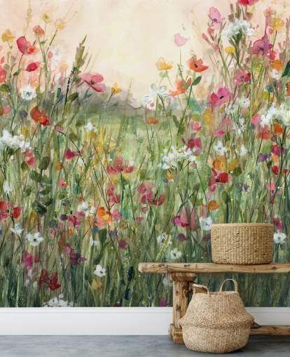 lyserødt og grønt tilpassbart blomstertapet vægmaleri kaldet Spring in Full Bloom af Carol Robinson til stuer