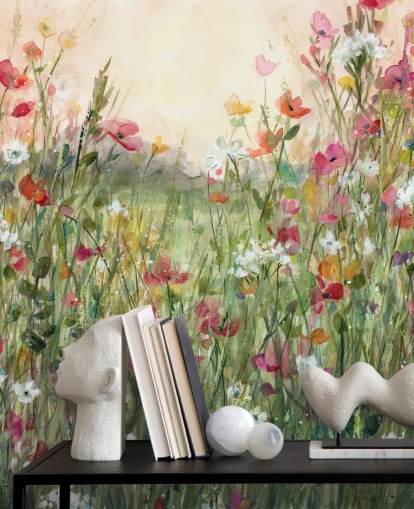 Personalisierbare Blumentapete in Rosa und Grün mit dem Titel Spring in Full Bloom von Carol Robinson für Wohnzimmer