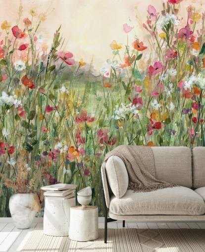 lyserødt og grønt tilpassbart blomstertapet vægmaleri kaldet Spring in Full Bloom af Carol Robinson til stuer