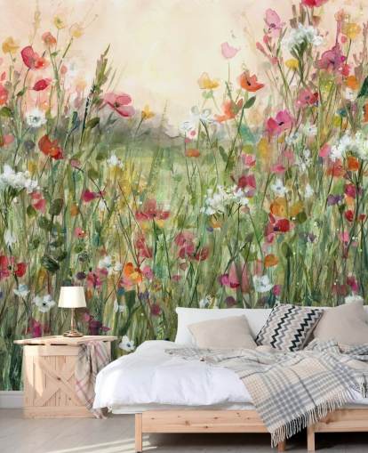 mural de papel pintado floral personalizable rosa y verde llamado Spring in Full Bloom de Carol Robinson para salas de estar