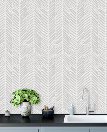 beige customizable patterned wallpaper mural called Beige Herringbone for living rooms, hallways and mud rooms