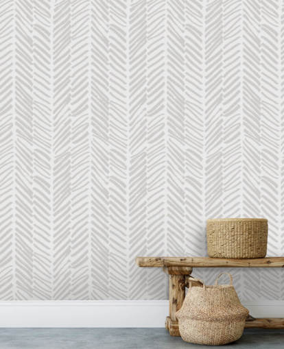 beige customizable patterned wallpaper mural called Beige Herringbone for living rooms, hallways and mud rooms