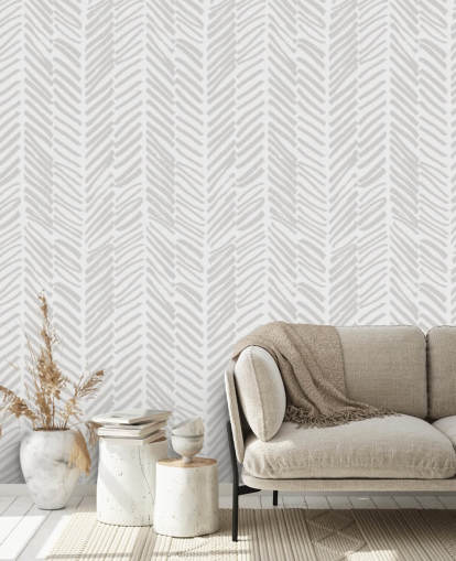 mural de papel pintado estampado personalizable de color beige llamado Beige Herringbone para salas de estar, pasillos y cuartos de barro