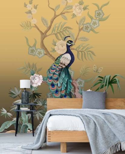 gold and green customizable chinoiserie wallpaper mural called Peacock Power for bathrooms, kitchens and bedrooms