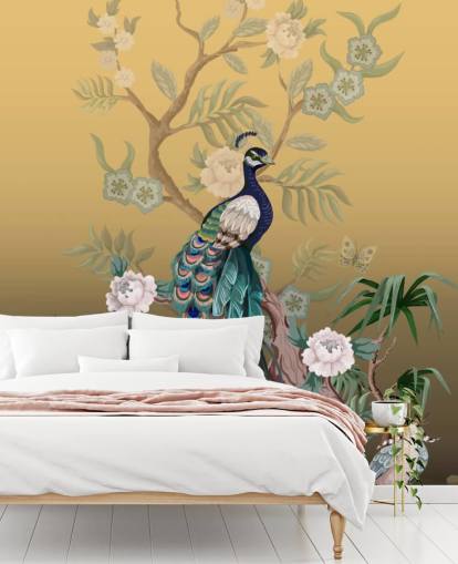 gold and green customizable chinoiserie wallpaper mural called Peacock Power for bathrooms, kitchens and bedrooms