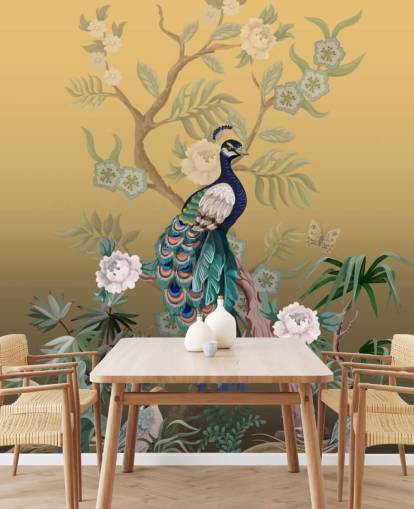 gold and green customizable chinoiserie wallpaper mural called Peacock Power for bathrooms, kitchens and bedrooms