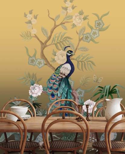 gold and green customisable chinoiserie wallpaper mural called Peacock Power for bathrooms, kitchens and bedrooms gold and green customisable chinoiserie wallpaper mural called Peacock Power for bathrooms, kitchens and bedrooms