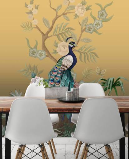 gold and green customisable chinoiserie wallpaper mural called Peacock Power for bathrooms, kitchens and bedrooms