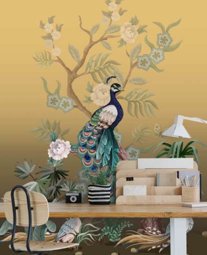 gold and green customizable chinoiserie wallpaper mural called Peacock Power for bathrooms, kitchens and bedrooms