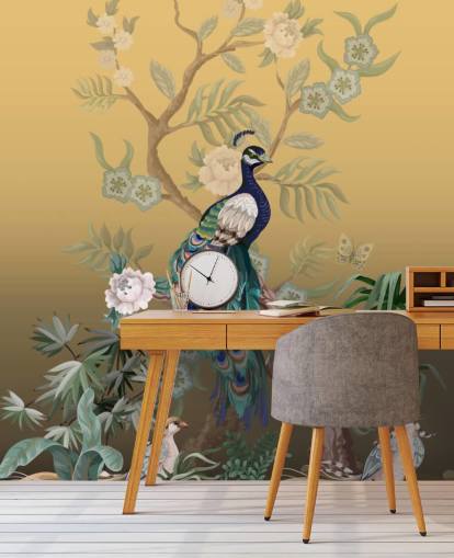 guld och grön anpassningsbar chinoiserie tapetväggmålning kallad Peacock Power för badrum, kök och sovrum