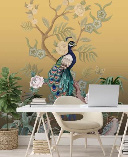 mural de papel pintado de chinoiserie personalizable dorado y verde llamado Peacock Power para baños, cocinas y dormitorios