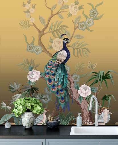 gold and green customizable chinoiserie wallpaper mural called Peacock Power for bathrooms, kitchens and bedrooms