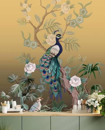 mural de papel pintado de chinoiserie personalizable dorado y verde llamado Peacock Power para baños, cocinas y dormitorios