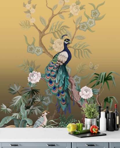 mural de papel pintado de chinoiserie personalizable dorado y verde llamado Peacock Power para baños, cocinas y dormitorios