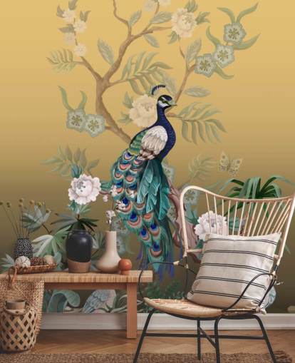 carta da parati murale in cineserie dorata e verde personalizzabile chiamata Peacock Power per bagni, cucine e camere da letto carta da parati murale in cineserie dorata e verde personalizzabile chiamata Peacock Power per bagni, cucine e camere da letto