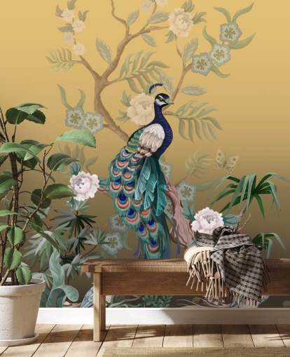 gold and green customizable chinoiserie wallpaper mural called Peacock Power for bathrooms, kitchens and bedrooms