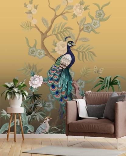 carta da parati murale in cineserie dorata e verde personalizzabile chiamata Peacock Power per bagni, cucine e camere da letto