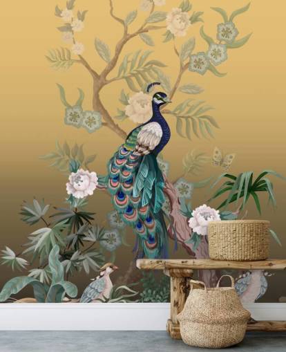 guld og grønt tilpasselig chinoiserie tapetmaleri kaldet Peacock Power til badeværelser, køkkener og soveværelser