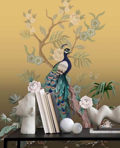 gold and green customizable chinoiserie wallpaper mural called Peacock Power for bathrooms, kitchens and bedrooms