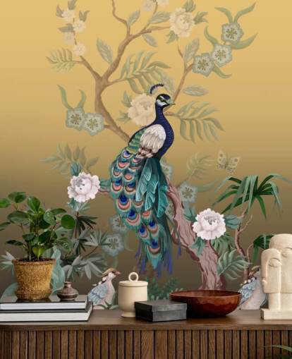 gold and green customizable chinoiserie wallpaper mural called Peacock Power for bathrooms, kitchens and bedrooms gold and green customizable chinoiserie wallpaper mural called Peacock Power for bathrooms, kitchens and bedrooms