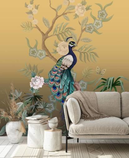 gold and green customizable chinoiserie wallpaper mural called Peacock Power for bathrooms, kitchens and bedrooms