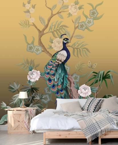 carta da parati murale in cineserie dorata e verde personalizzabile chiamata Peacock Power per bagni, cucine e camere da letto carta da parati murale in cineserie dorata e verde personalizzabile chiamata Peacock Power per bagni, cucine e camere da letto