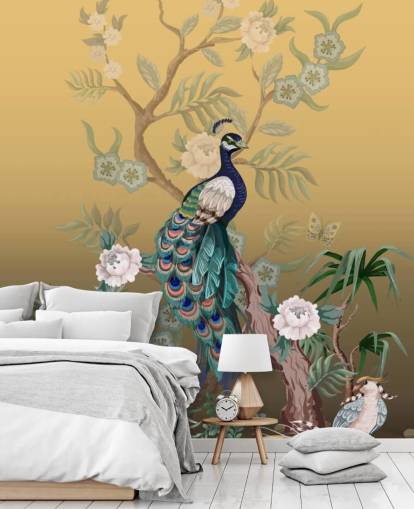 guld och grön anpassningsbar chinoiserie tapetväggmålning kallad Peacock Power för badrum, kök och sovrum guld och grön anpassningsbar chinoiserie tapetväggmålning kallad Peacock Power för badrum, kök och sovrum
