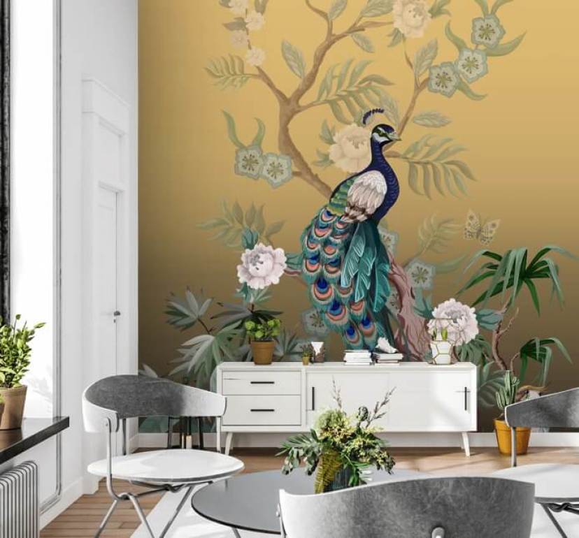 gold and green customisable chinoiserie wallpaper mural called Peacock Power for bathrooms, kitchens and bedrooms