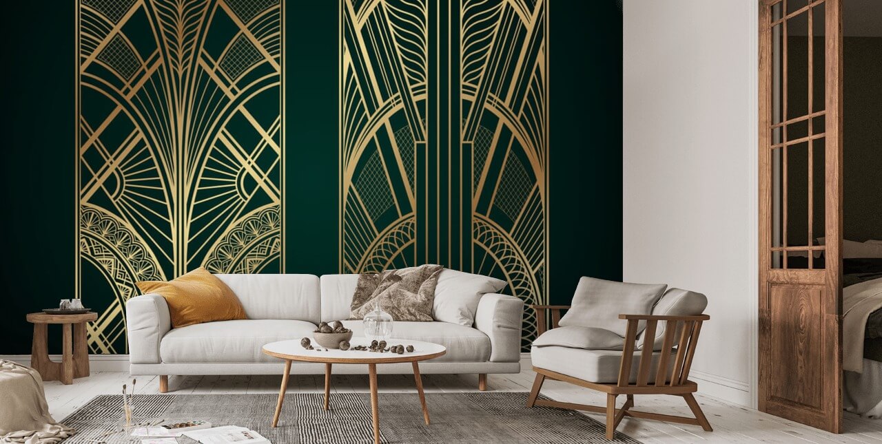 Double Gold Moroccan with Teal Green Watercolor Pattern Wallpaper for Walls  | Infinite Linework
