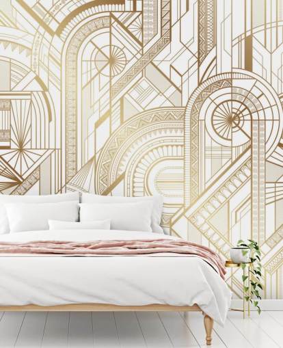 papel de parede retrô em tons de branco e dourado