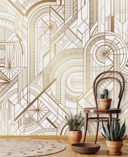 papel de parede retrô em tons de branco e dourado