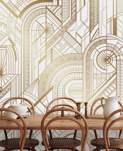 papel de parede retrô em tons de branco e dourado