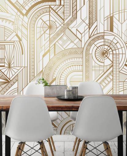 papel de parede retrô em tons de branco e dourado