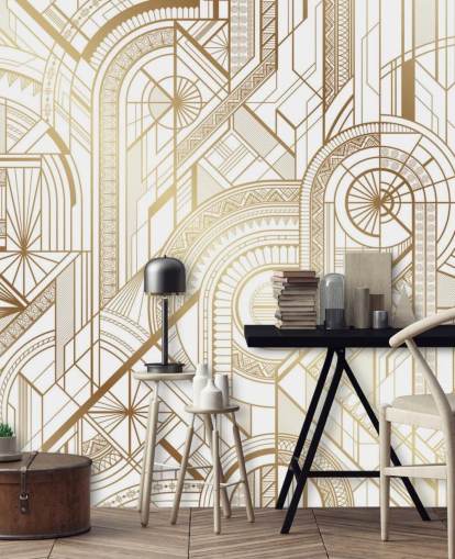 papel pintado retro en tonos blancos y dorados