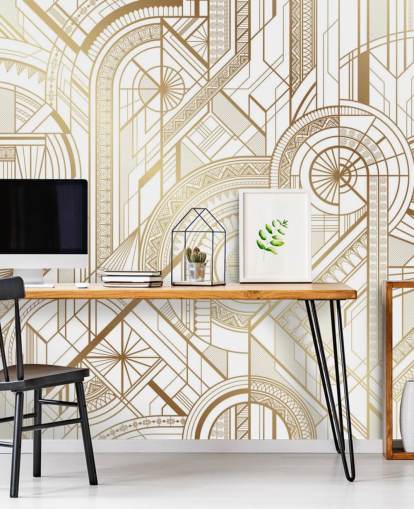 papel de parede retrô em tons de branco e dourado