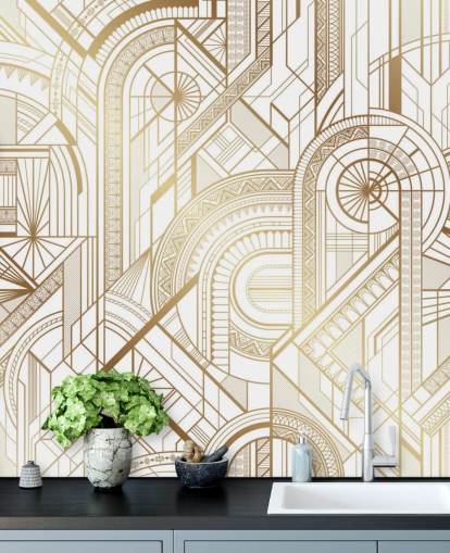 papel pintado retro en tonos blancos y dorados