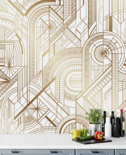 papel de parede retrô em tons de branco e dourado