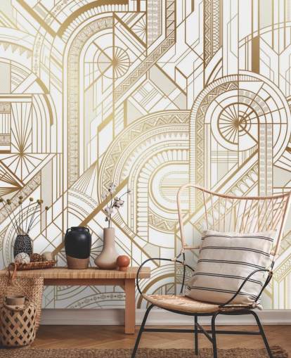 papel pintado retro en tonos blancos y dorados