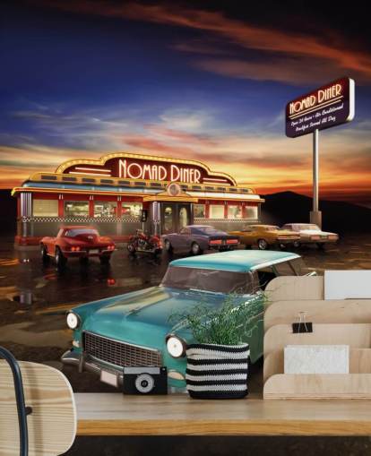 Grön vintage bil utanför American Diner väggmålning