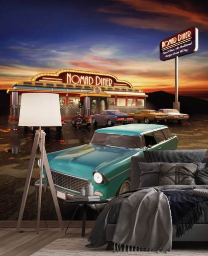 Mural de pared Coche vintage verde fuera de comedor americano