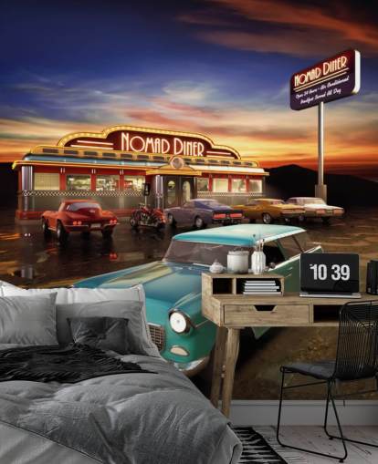 Groene vintage auto buiten American Diner Wall Mural
