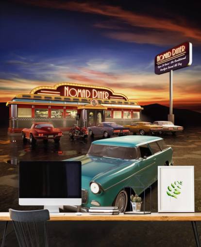 Décoration murale voiture ancienne verte à l'extérieur d'un restaurant américain Décoration murale voiture ancienne verte à l'extérieur d'un restaurant américain