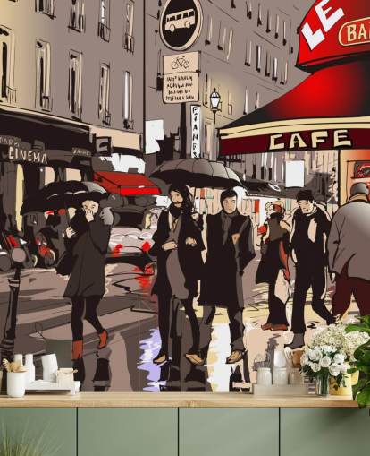 Papier Peint Fresque Rue de Paris la Nuit