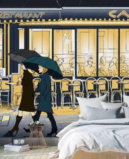 Sfondo blu e giallo con vista sul caffè