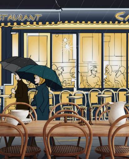 Blue and Yellow Cafe View Wallpaper