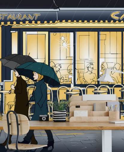 Sfondo blu e giallo con vista sul caffè