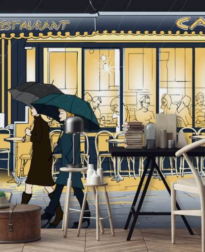 Sfondo blu e giallo con vista sul caffè