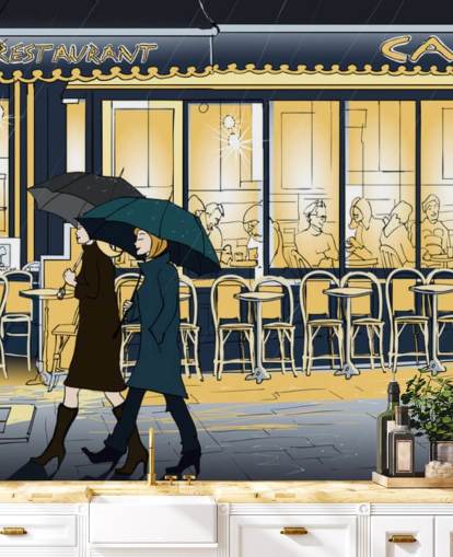 Blue and Yellow Cafe View Wallpaper